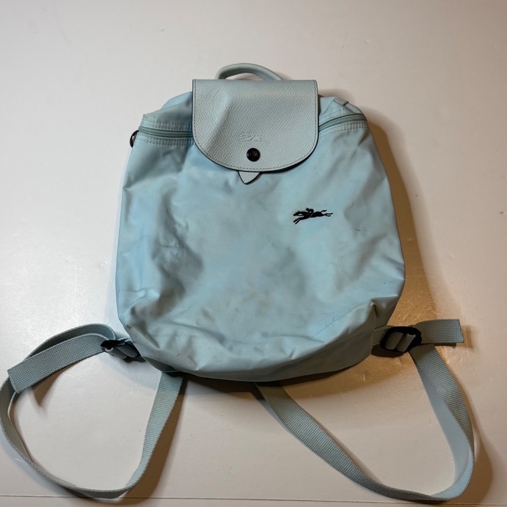 Longchamp Le Pliage Club Backpack Light Blue Nylon Leather Trim